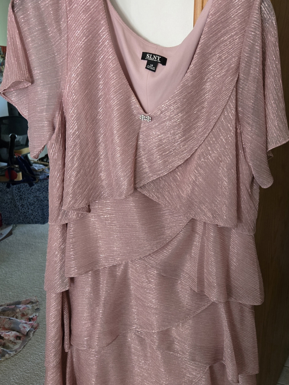 SLNY Dusty Rose Shimmer Tiered Midi Dress